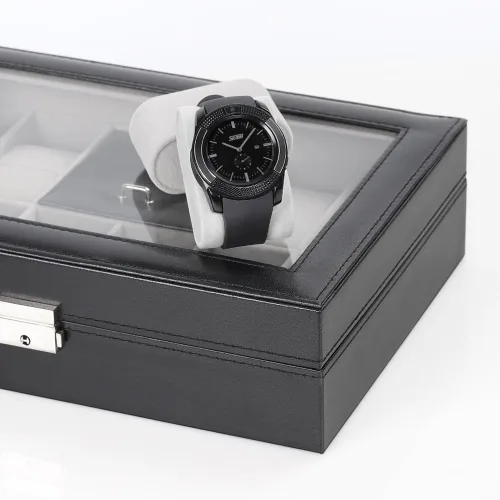 Miniatura 6 de NEX Caja de reloj 8 ranuras con cerradura de cuero para reloj organizador con almacenamiento de anillos para mujeres y hombres color negro