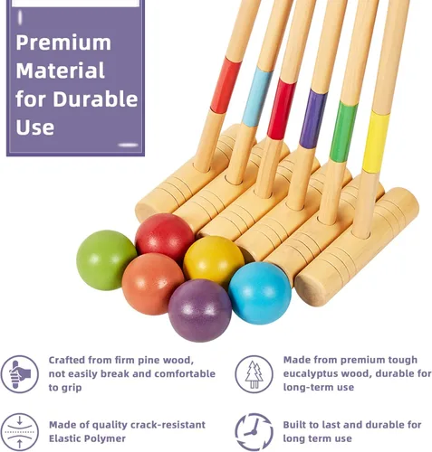 Miniatura 3 de ApudArmis Juego de croquet para seis jugadores de 35 pulgadas con mazos de madera de pino de alta calidad, bola de colores, mechones, estacas