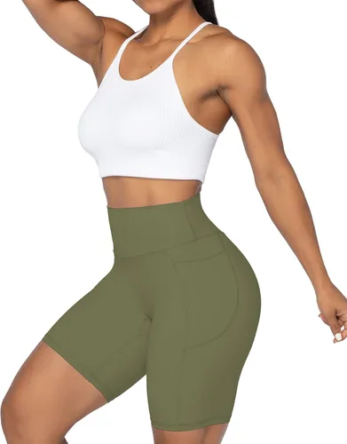 Miniatura 8 de Sunzel Pantalones cortos de ciclismo sin costuras frontales para mujer con bolsillos, pantalones cortos de yoga, entrenamiento, gimnasio, ciclismo