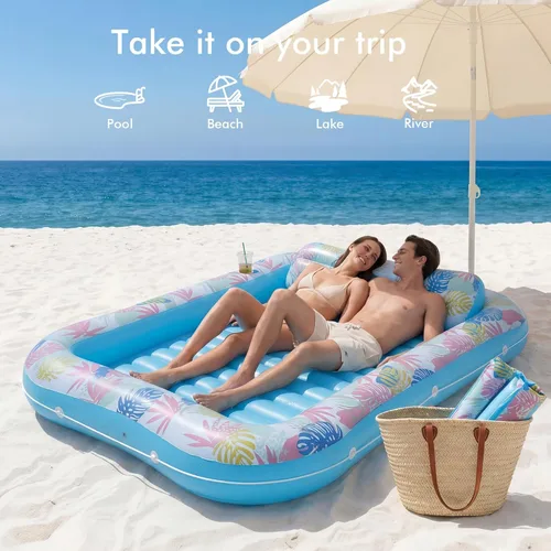 Miniatura 5 de OKSUWATER - Flotador para tumbona bronceadora para piscina, de 87 x 63 pulgadas, para adultos, con reposacabezas y soporte para bebidas, cama Azul