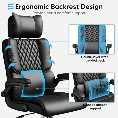 Miniatura 3 de Sytas Silla de oficina ergonómica con reposacabezas ajustable, silla de escritorio ejecutiva de cuero con soporte lumbar mejorado para aliviar