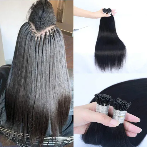 Miniatura 2 de I Tip - Extensión de cabello humano sedoso y lacio preunido, cabello brasileño con punta en I de microenlaces rectos, 100 hebras, 3.53 oz