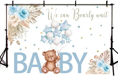 Miniatura 4 de AIBIIN Telón de fondo para baby shower de oso de 7 x 5 pies para niño, We Can Bearly Wait to Meet You, azul, bohemio, floral, globo de pampas