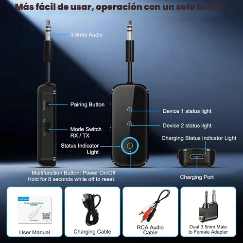 Miniatura 9 de Transmisor Receptor Bluetooth 5.4 Premium Pro, adaptador de audio de avión, transmisor inalámbrico para TV/vuelo de viaje, aerolínea, gimnasio. Negro