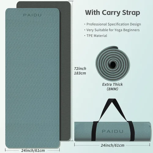 Miniatura 6 de PAIDU Yoga Mat 8mm Super Thick TPE Fitness Mat SGS Certified Non-Slip, Odorless & Tear-Resistant Unisex with Strap for Yoga, Pilates, Verde