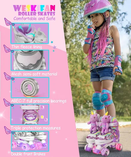 Miniatura 3 de Dino - Patines de ruedas para niños y niñas, WESKIFAN Dinosaur Quad Skating Shoes con ruedas brillantes y tamaños ajustables para principiantes