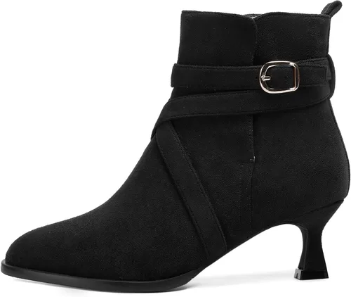 Miniatura 2 de MODENCOCO Vestido de gamuza para mujer, puntera redonda, correa de tobillo, hebilla de moda, tacón bajo, botas altas hasta el tobillo, 2 pulgadas