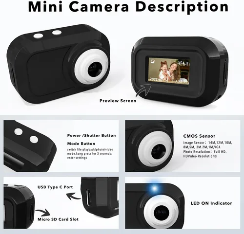 Miniatura 6 de Mini cámara con llavero con 14M 1080P FHD, mini cámara digital de bolsillo, pequeñas cámaras portátiles de 0.96 pulgadas, grabadora de video