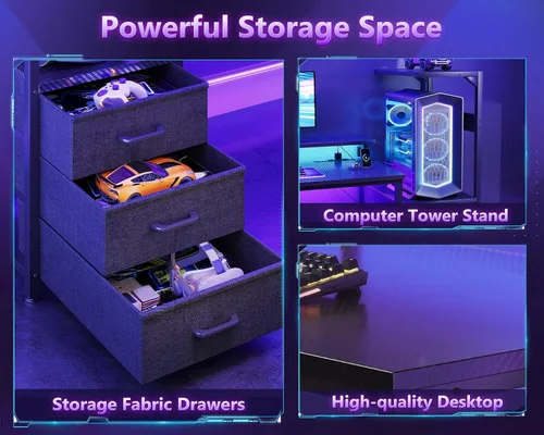 Miniatura 6 de Casaottima - Escritorio de 52 pulgadas para juegos con puertos de carga USB y luz LED - Escritorio reversible para computadora con 3 cajones