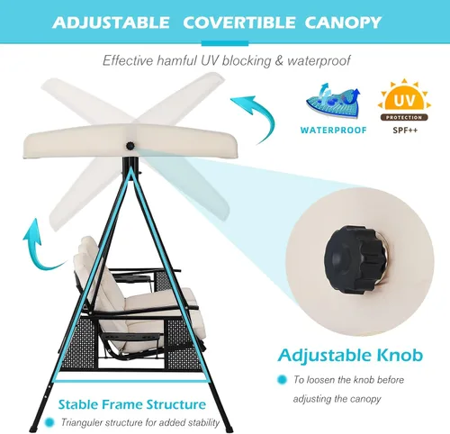 Miniatura 4 de AECOJOY - columpio de porche al aire libre con cubierta, columpios de patio de 3 asientos con toldo ajustable, columpio exterior para adultos