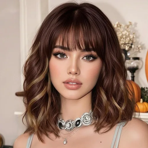 Miniatura 7 de AISI HAIR Peluca Bob Sintética Rizada y Ondulada Marrón Natural con Flequillo para Mujeres, 21-23 Pulgadas Marrón oscuro