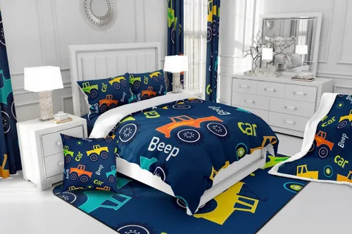 Miniatura 9 de Feelyou Juego de ropa de cama de dibujos animados de construcción para niños, juego de edredón para niños y niñas, camiones de equipo, decoración