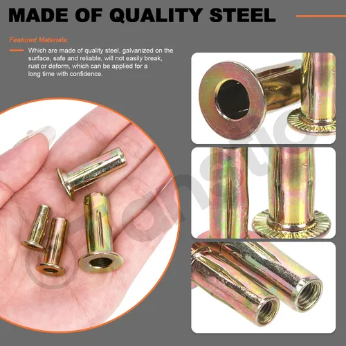 Miniatura 4 de Tanstic Kit de tuercas remachadoras M8 multiagarre, 26 piezas, acero al carbono chapado en zinc, tuerca de remache de alta resistencia, insertos
