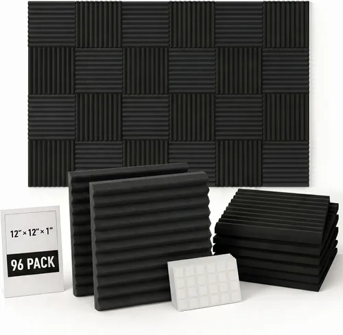 Paquete de 96 paneles de espuma acústica Allxinlog, absorben el eco, para insonorizar estudios, para pared, 30,48 cm x 30,48 cm x 2,54 cm (96-NEGRO)