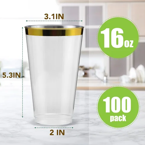 Miniatura 2 de YOUTHSHIP 100 tazas elegantes desechables de plástico de 16 onzas con borde dorado para bodas, cumpleaños, fiestas de baby shower