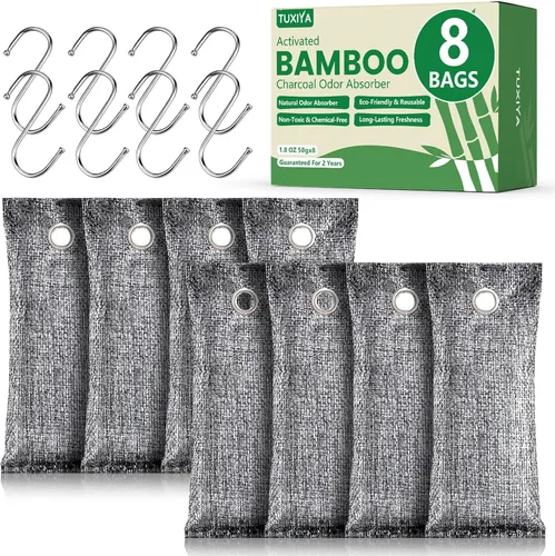 TUXIYA Paquete de 8 Bolsas de carbón activado absorbente de olores, eliminador de olores para olores fuertes, desodorante para zapatos, carbón de