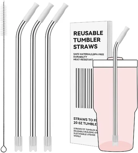 Miniatura 50 de Pajitas de metal rectas para vaso Stanley de 40 onzas, paquete de 3 popotes reutilizables de acero inoxidable con puntas de silicona y cepillo Gris
