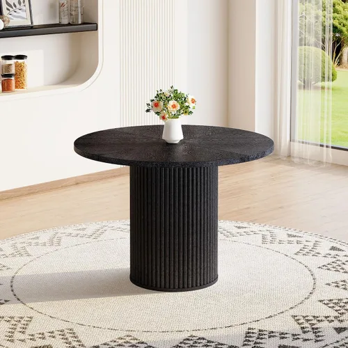 Miniatura 2 de Mesa de comedor redonda para 4-6, mesa de comedor negra con tablero de madera de 42'' y base de pedestal cilíndrico, mesa de cena redonda
