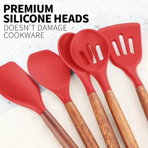 Miniatura 9 de Zulay Kitchen Juego de Utensilios de Cocina de Silicona Antiadherente con Auténticas Asas de Madera de Acacia - Juego de Utensilios de Silicona de 5