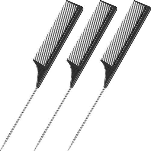 Leinuosen 3 Paquetes Peine Cola de Rata con Pasador de Acero, Fibra de Carbono Resistente al Calor, Peines para Crepado con Punta de Acero Negro
