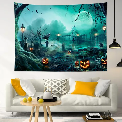 Miniatura 20 de HVEST Tapiz de noche de Halloween, tapiz para colgar en la pared, bosque embrujado con tumba y calabazas, manta de pared para dormitorio, sala