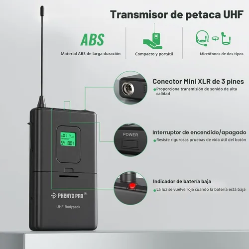 Miniatura 5 de Phenyx Pro Sistema de micrófono inalámbrico, juego de micrófono inalámbrico UHF de 4 canales con micrófonos de mano/bodypack/auricular