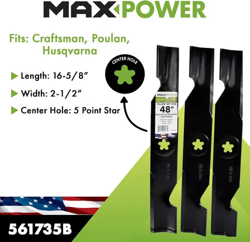 Miniatura 2 de MaxPower 561735B Juego de 3 cuchillas para muchos cortacéspedes de 48 pulgadas Cut Craftsman, Husqvarna, Poulan que reemplaza a los OEM # 173920