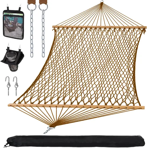 Miniatura 12 de SUNCREAT Hamaca doble de cuerda tradicional Hamaca doble con barra esparcidora de madera dura y bolsa de transporte, capacidad de 450 libras, natural