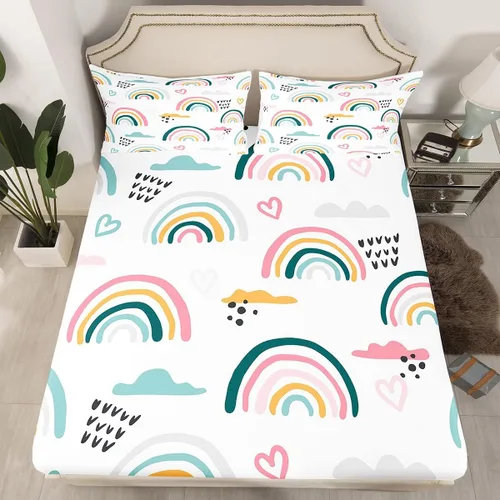 Miniatura 3 de Feelyou Juego de sábanas con diseño de arcoíris a rayas coloridas, multicolor, sábana bajera ajustable estilo de dibujos animados para niños