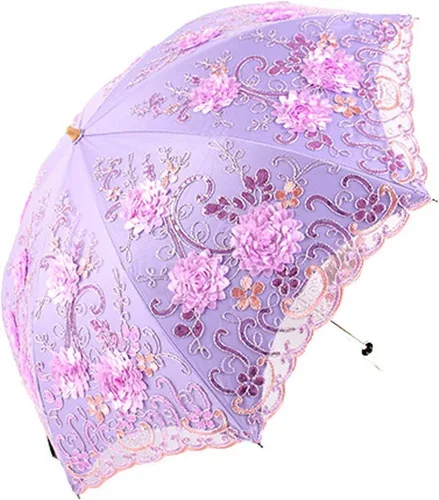 Miniatura 149 de Honeystore Sombrilla bordada con flor 3D plegable UV con encaje clásico