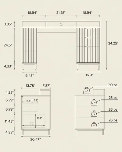 Miniatura 2 de Escritorio ejecutivo de 47 pulgadas con cajón estriado, moderno escritorio de oficina en casa con soporte largo para monitor y 2 cajones, escritorio