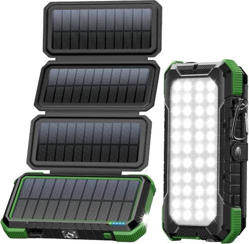 BLAVOR Cargador solar, PD 18 W, carga rápida, 20000 mAh, con 4 paneles plegables, cargador USB C portátil con linterna de campamento, mosquetón de