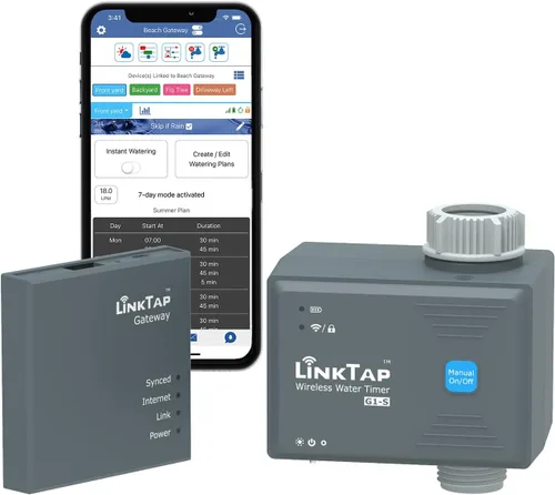 LinkTap G1S - Temporizador de agua inalámbrico y puerta de enlace - Temporizador inteligente de aspersor con aplicación, riego remoto para jardín,
