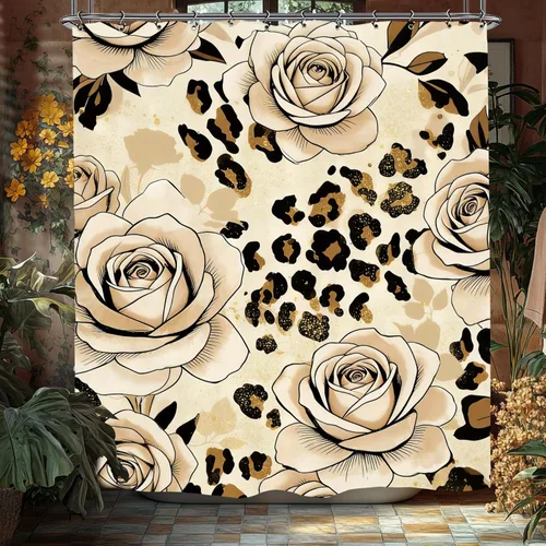 Cortina de ducha de baño con diseño de flores de leopardo y rosas, 60 pulgadas de ancho por 71 pulgadas de alto, color marrón, marrón, marrón,