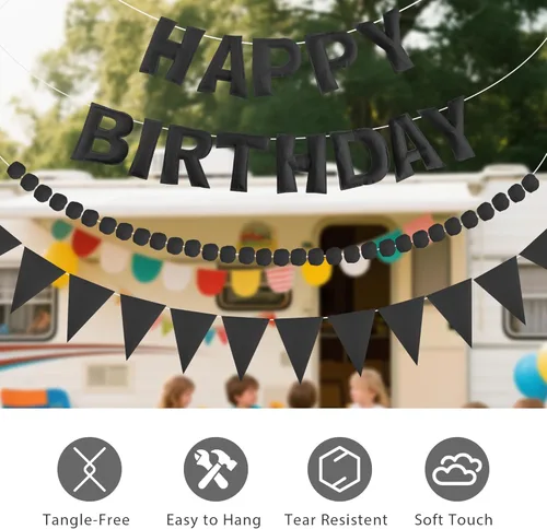 Miniatura 3 de CANREVEL Pancarta de Feliz Cumpleaños 3D Pre-enhebrada, 3 PIEZAS Guirnalda de Fieltro Negro Feliz Cumpleaños, Guirnalda de Pompones, Banderines