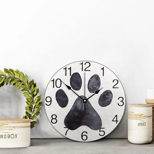 Miniatura 2 de Reloj de pared con estampado de pata de perro negro, reloj de madera de 10 pulgadas, silencioso, sin tictac, funciona con pilas, para sala de estar