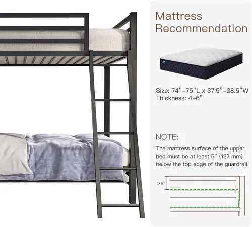 Miniatura 6 de ikalido Cama Litera de Metal Tipo Loft Tamaño Twin sobre Twin con Barandilla de Seguridad y Escalera, No Necesita Somier, Muebles de Dormitorio que