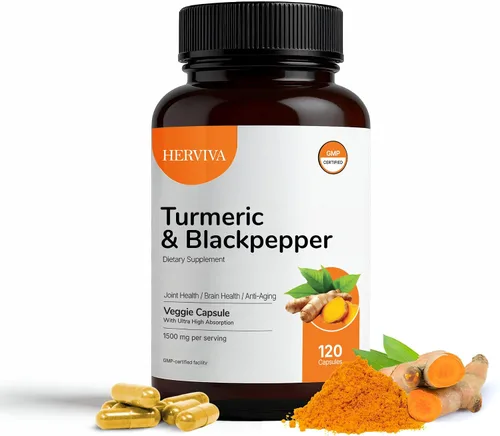 Curcumina de cúrcuma de 1500 mg con pimienta negra 5 mg – Alta potencia, cápsulas veganas – Sin OMG, sin gluten – 120 unidades