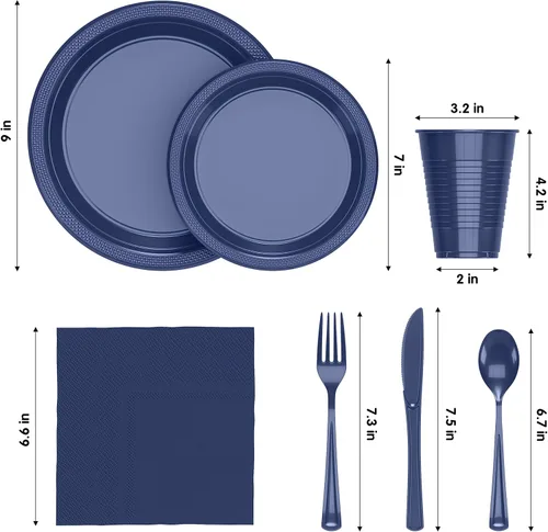Miniatura 2 de 350 platos de plástico azul marino para fiestas, juego de platos desechables azul marino, 50 de cada juego de platos llanos de 9 pulgadas, platos
