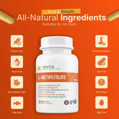 Miniatura 6 de INVITA L-metilfolato de 5 mg – Folato de metilo activo formulado por un médico – Suplemento 5-MTHF para la energía, el estado de ánimo y la salud