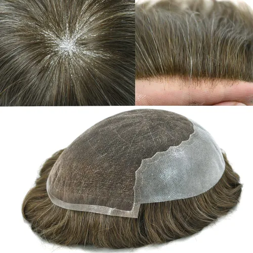 Miniatura 31 de Toupee para hombres, sistema de reemplazo de cabello humano Remy, nudos blanqueados, encaje frontal, piel fina, para hombre, color gris, pelucas