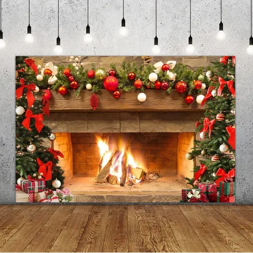 Lofaris Telón de fondo de chimenea de Navidad de 5 x 3 pies, diseño vintage de árbol de fuego, medias rojas, regalos de fondo de fotografía de