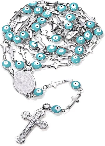 FaithHeart Collar de cuentas de rosario católico, medalla de San Miguel, San Cristóbal, Virgen María y San Benito con dije de cruz, cuentas de 6