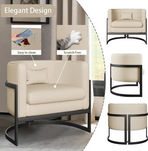 Miniatura 8 de Silla Tapizada Moderna para Sala de Estar, Sillas de Acento Tipo Barril, Sillón de Cuero Sintético, Silla de Salón de Mediados de Siglo, Silla Beige