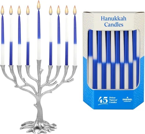 The Dreidel Company Paquete de 10 velas cónicas de menorá de Hanukkah de lujo, 1 hora de tiempo de combustión, media y media azul marino y blanco,