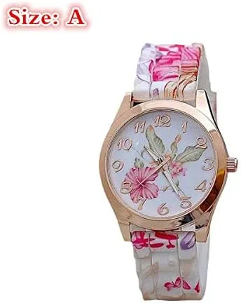 Miniatura 2 de Reloj para mujer, reloj de pulsera de cuarzo con estampado de flores y arco iris de silicona, cronógrafo (A)