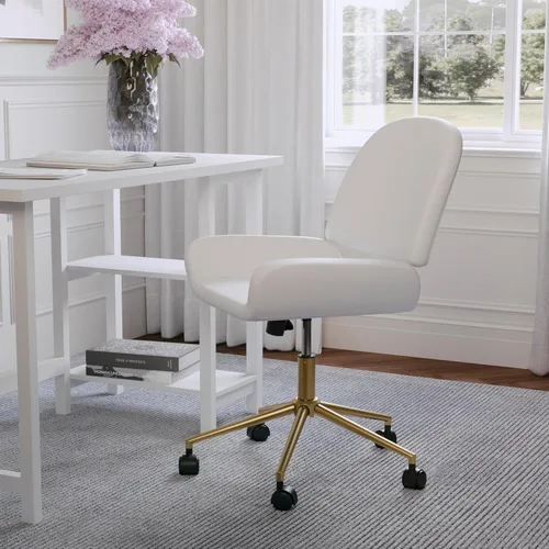 Miniatura 2 de Martha Stewart Tyla Silla giratoria sin brazos para oficina en casa en piel sintética blanca con marco de latón pulido Piel sintética blanca/latón