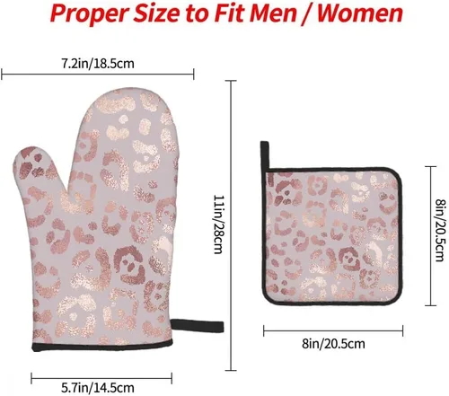 Miniatura 4 de Mxocom Juego de 3 guantes de horno y agarraderas de leopardo de oro rosa para cocina, cocina, hornear, asar a la parrilla, almohadillas calientes