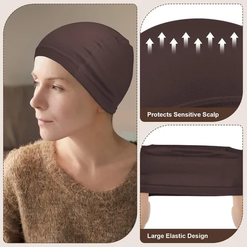 Miniatura 3 de Janmercy 4 Pcs Bamboo Wig Caps for Women Fiber Wig Liner Bald Caps Elastic Breathable Sleep Cap for Hair Loss Chemotherapy Marrón oscuro