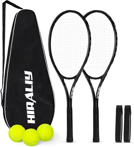 HIRALIY Juego de raquetas de tenis de 27 pulgadas para adultos, raquetas de tenis preencordadas para 2 jugadores, 2 cintas de sobreagarre, 3 pelotas